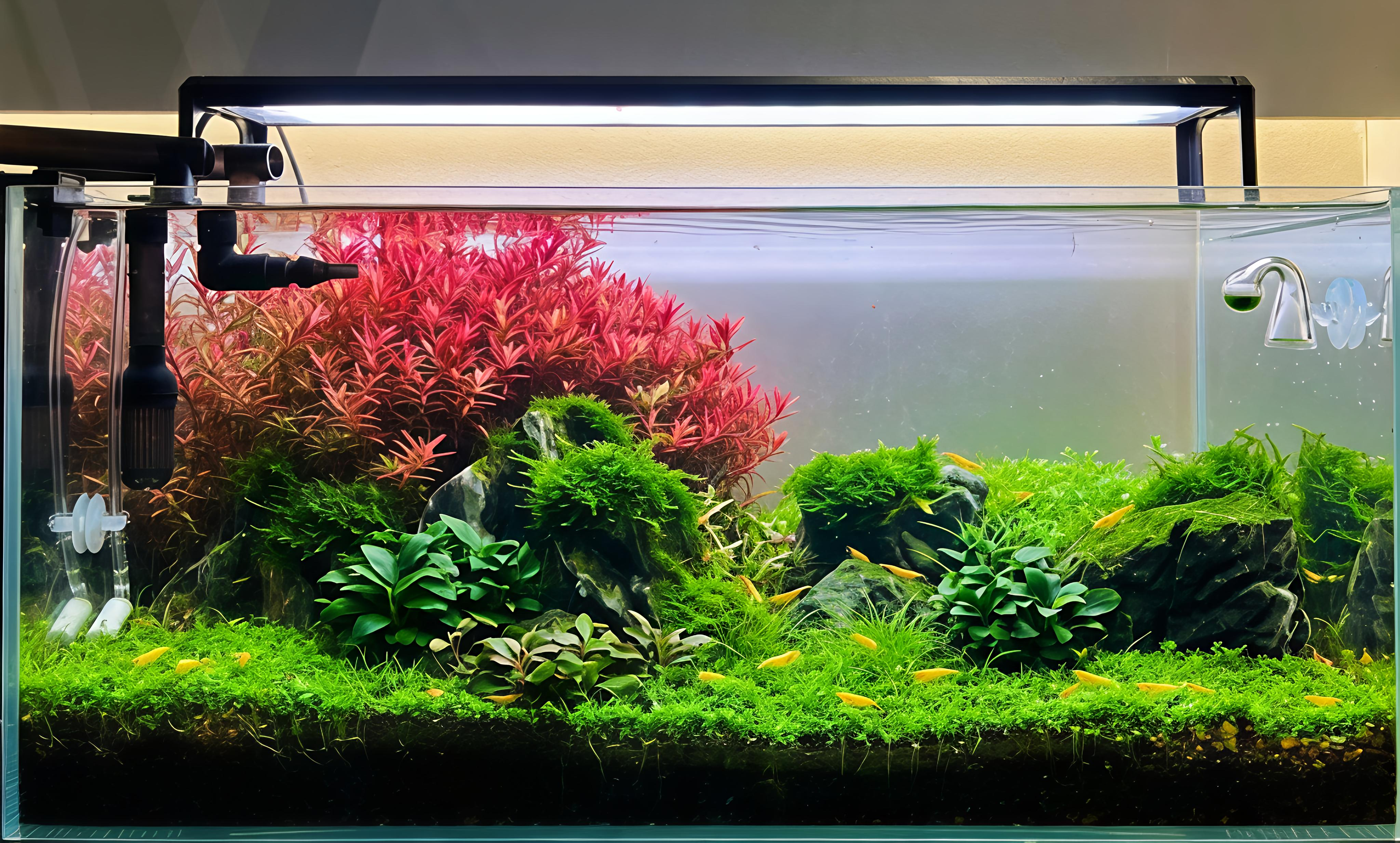Colourful planted aquarium with carefully arranged stem plants