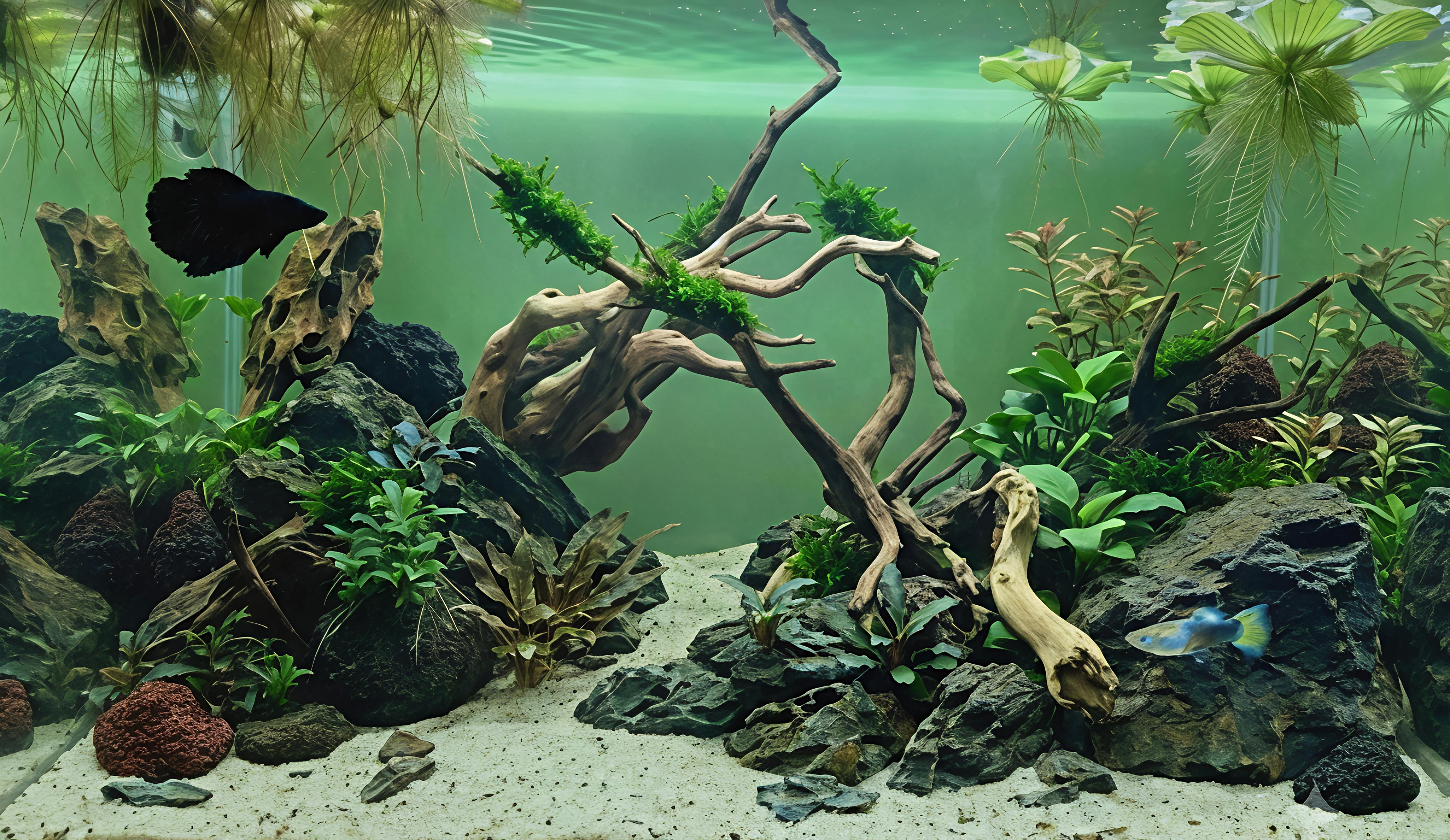 Nature aquarium featuring driftwood, plants and open sand