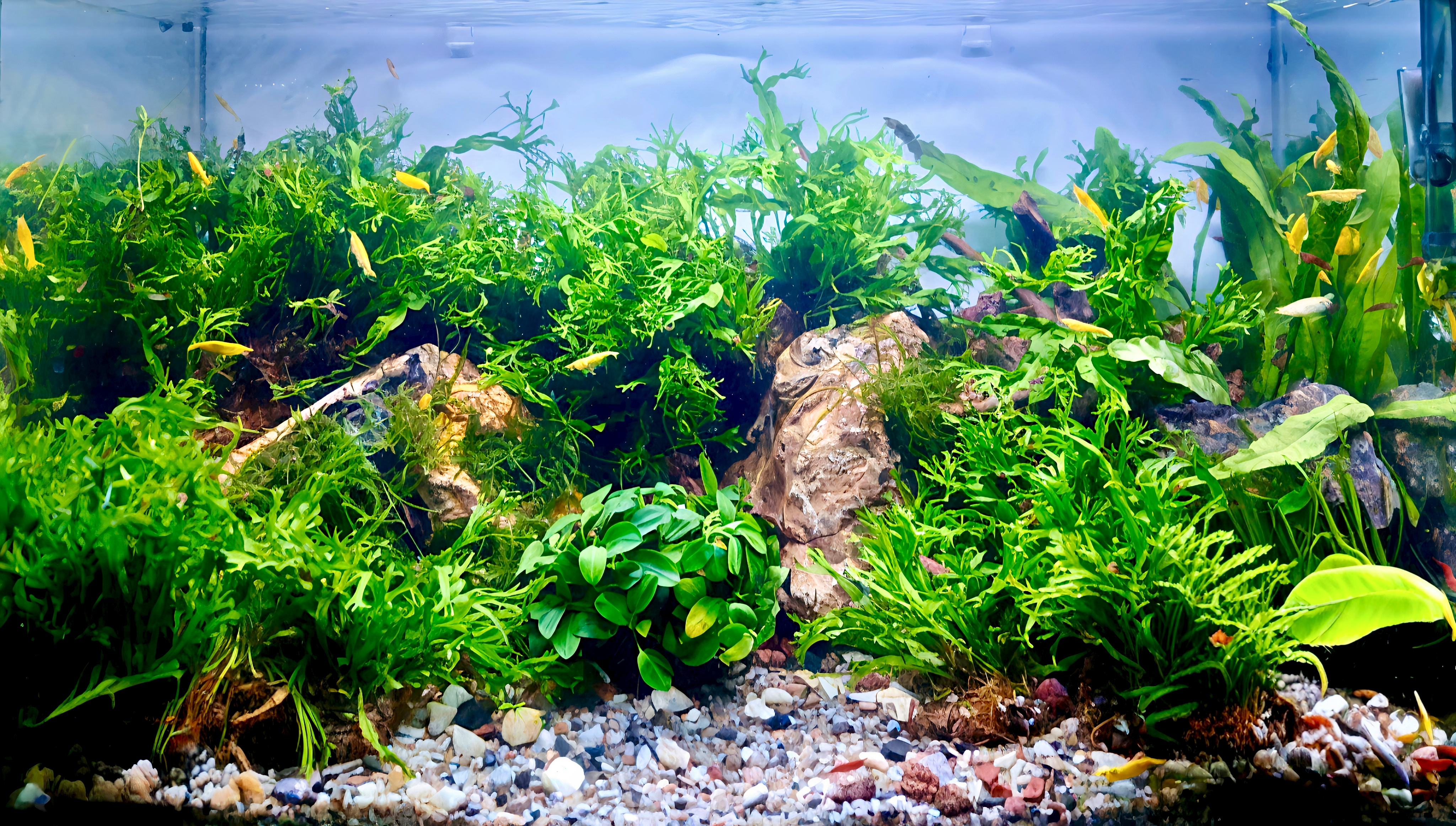 Dense green planted aquarium inspired by a natural jungle