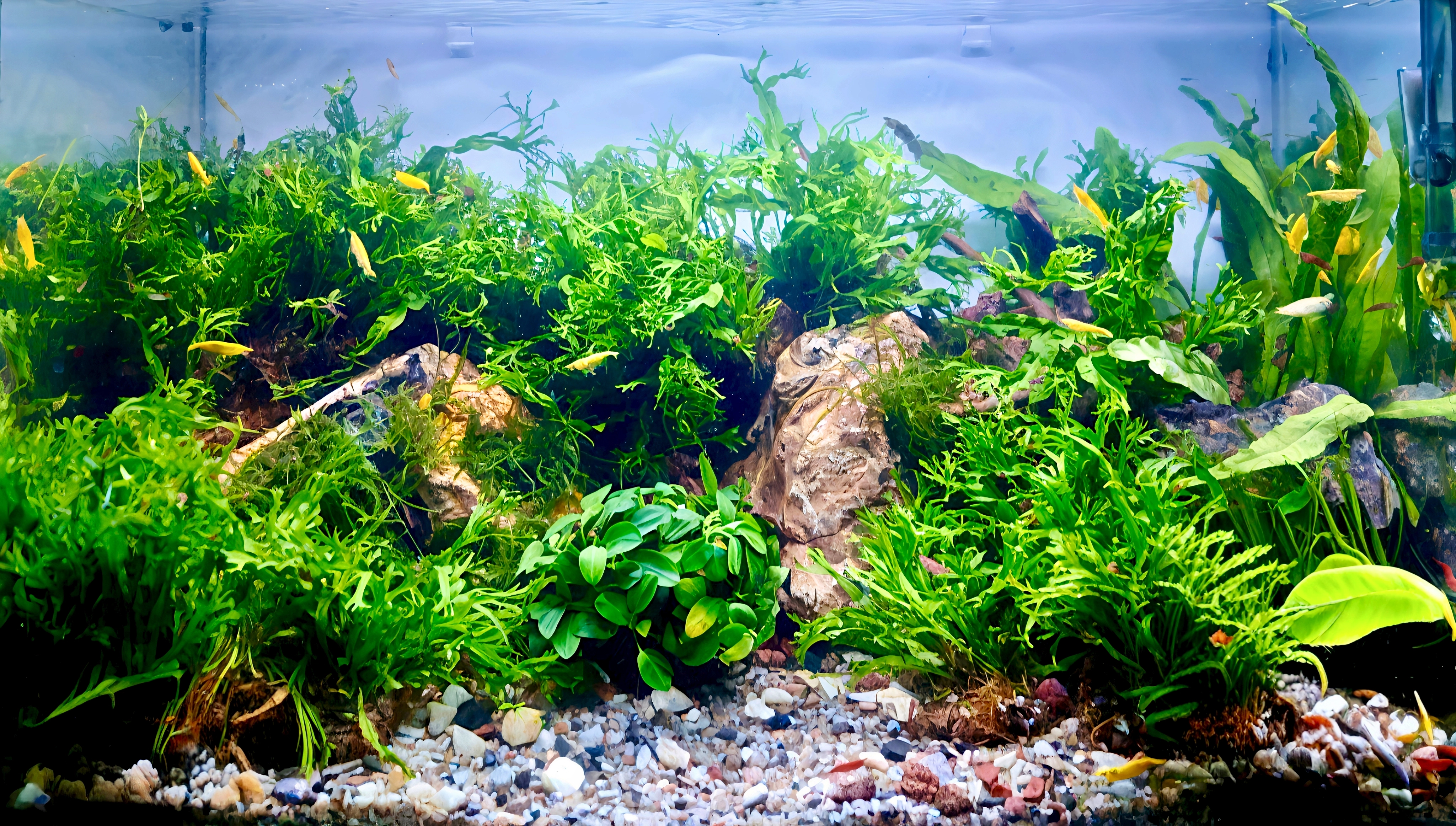 Dense green planted aquarium inspired by a natural jungle